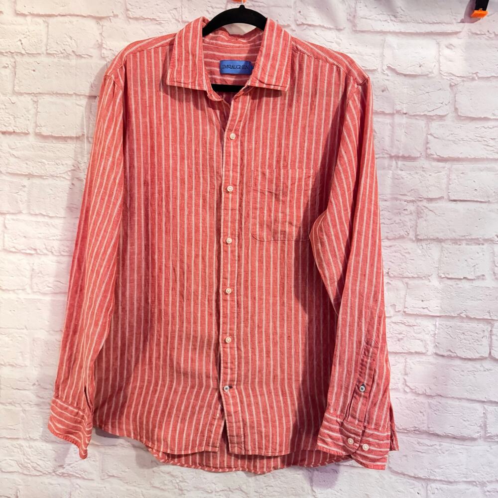 J. McLaughlin sz XL Salmon/white stripes 100% Linen button up long sleeve
